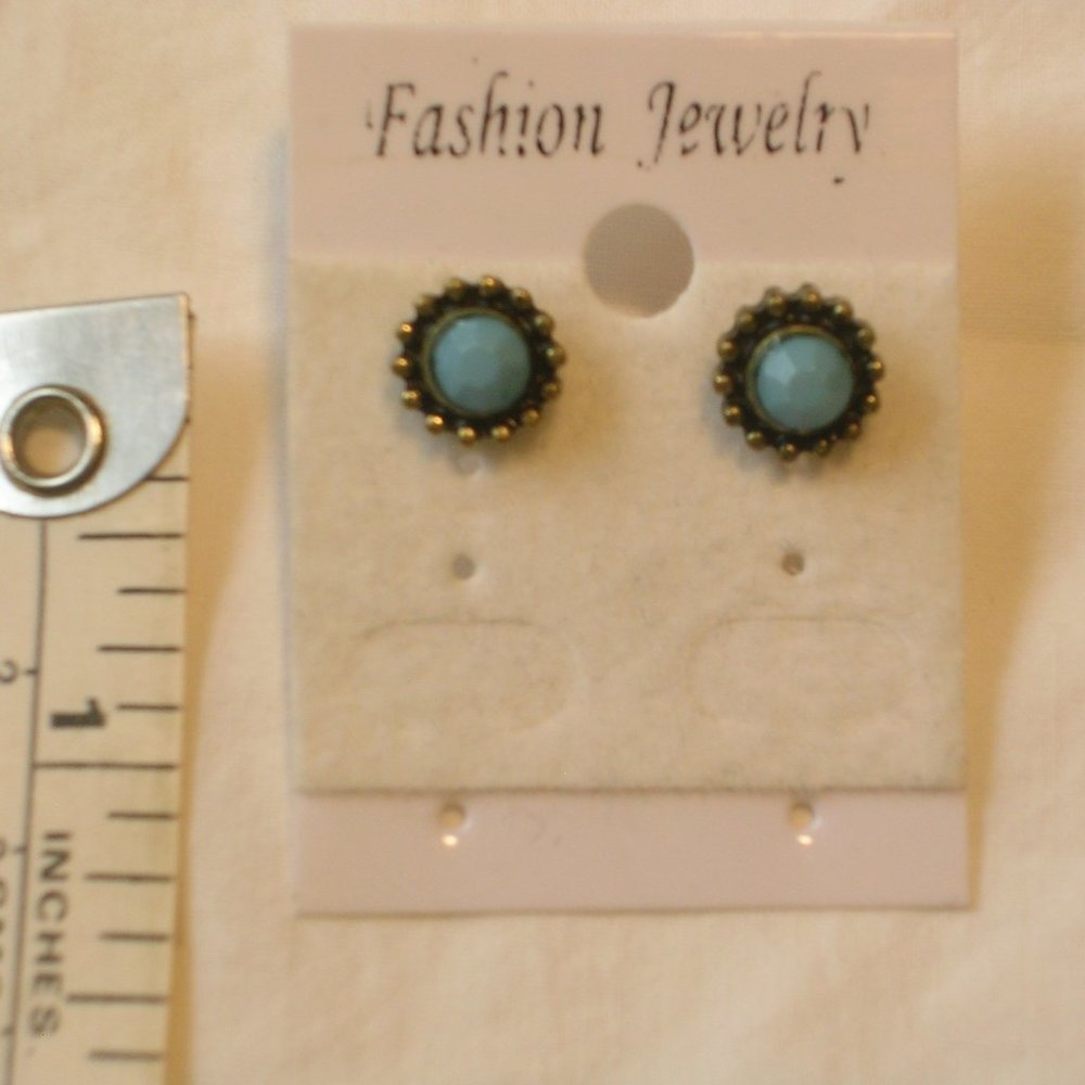 Blue & Brass Nickel Free Button Earrings